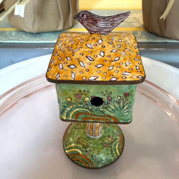 Adorable Empress Arts Enamel metal bird house; trinket box top lid 1999 so cute - Picture 4 of 6